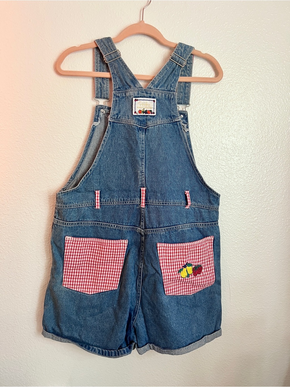 Disney Blue Denim Short Overalls with Red Gingham Accents - Picture 5 of 6